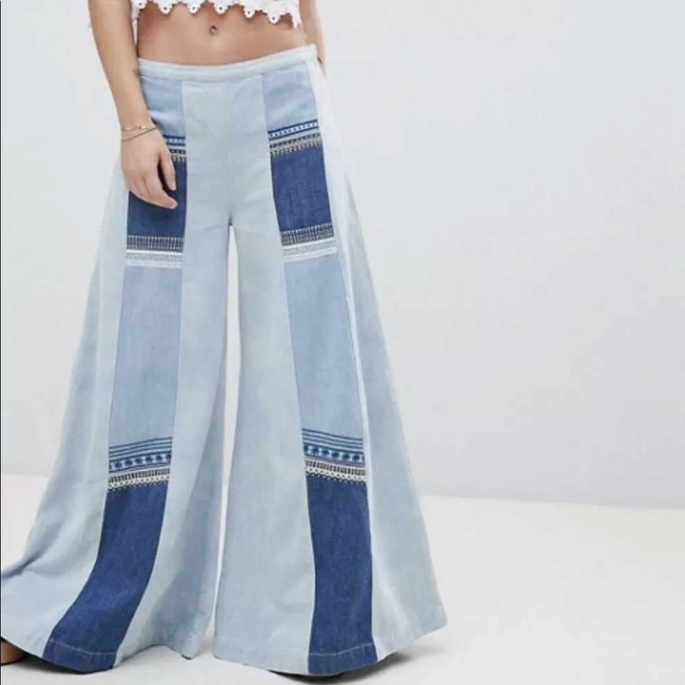 Free People Jeans Wide Leg Embroidered Side Zip - Picture 3 of 8